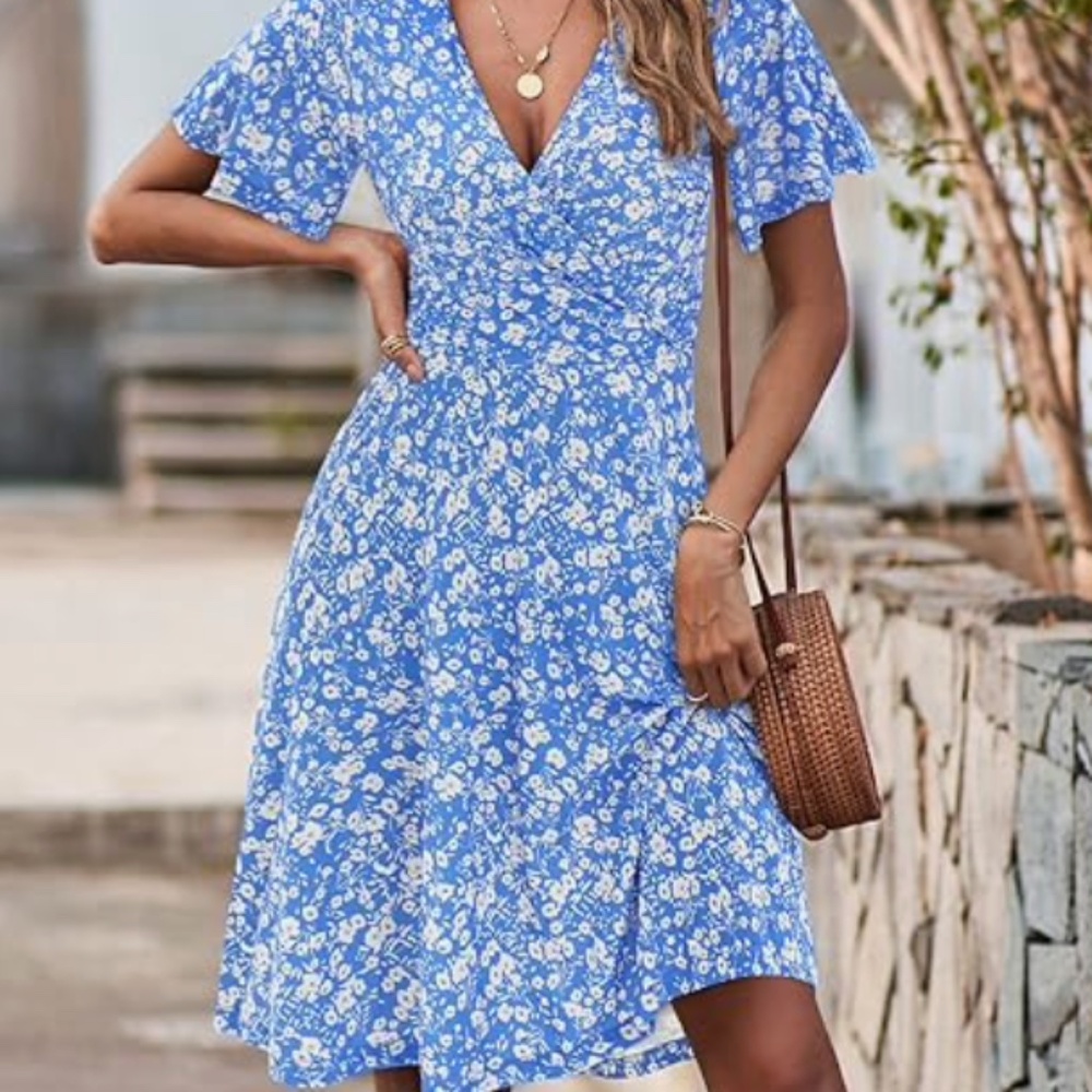 Amazon | Sundress Blue Floral Short Sleeve Wrap | Midi Dress | Large